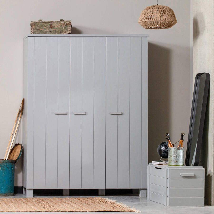 WOOOD Dennis 3-Deurs Kast Grenen Geborsteld Betongrijs 202x158x55