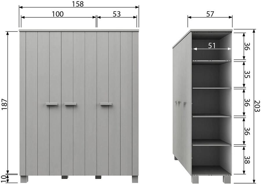 WOOOD Dennis 3-Deurs Kast Grenen Geborsteld Betongrijs 202x158x55 - Foto 5