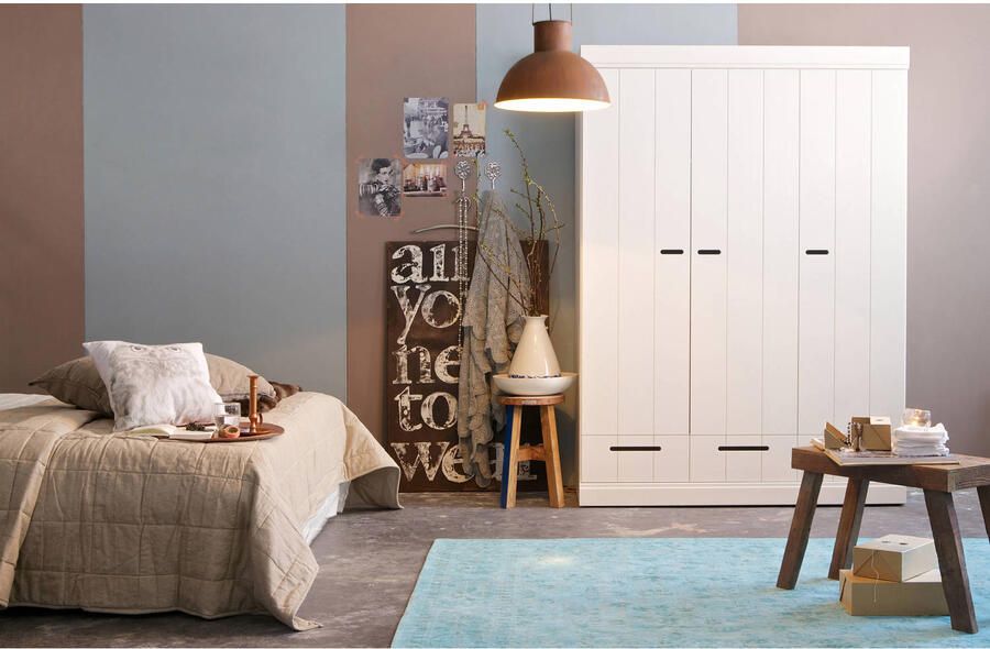 Woood Connect Kledingkast H 195 x B 140 x D 53 cm Lades Planken en Roede Wit