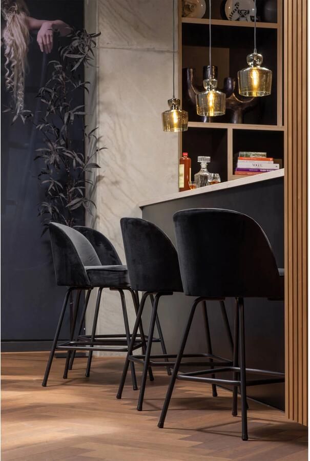 WOOOD Vogue Barstoel Velvet Stof Metaal Zwart 89x50x55 cm - Foto 3