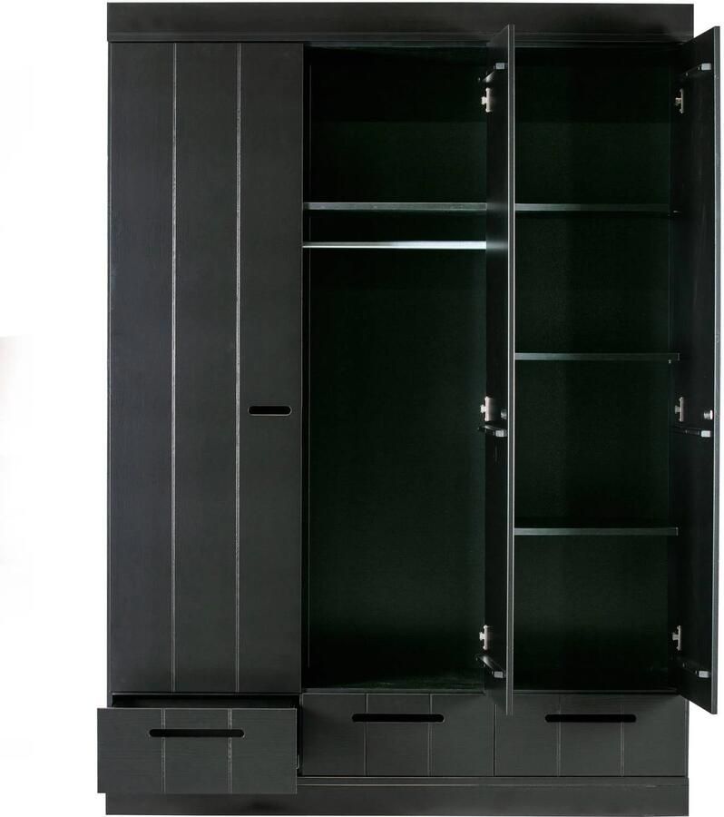 WOOOD Connect Kledingkast 3-Deurs met Lade Grenen -Zwart- 195x140x53 - Foto 2