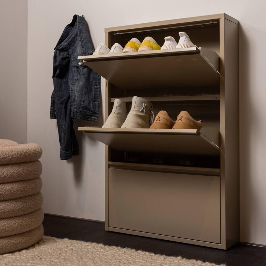 WOOOD Sabine 3-Vaks Schoenenkast Met Handige Klapdeuren Metaal Zand Beige 103x66x16 cm - Foto 3