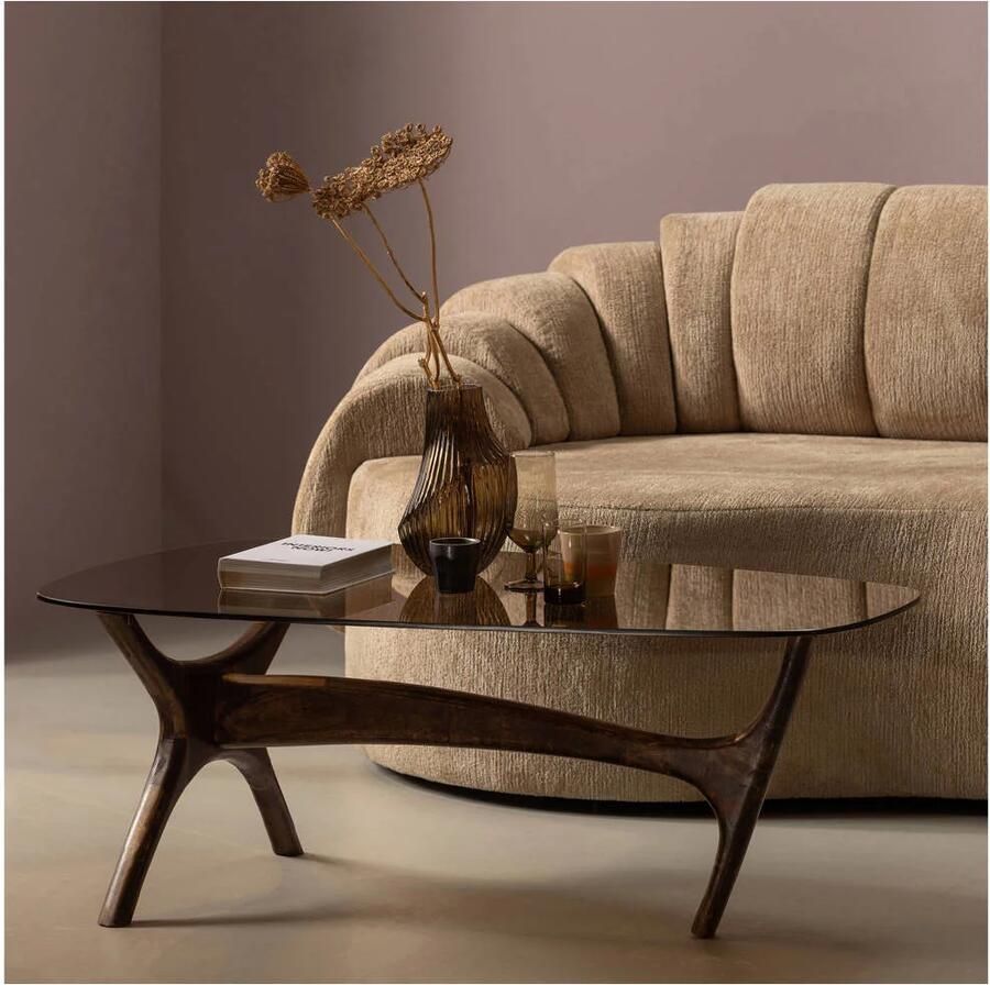BePureHome Flash Salontafel Glas Tafelblad Met Mangohouten Poten Walnoot Bruin 42x110x60 cm - Foto 2