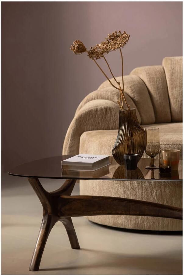 BePureHome Flash Salontafel Glas Tafelblad Met Mangohouten Poten Walnoot Bruin 42x110x60 cm - Foto 3
