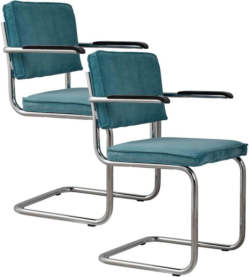 Zuiver Ridge Rib Eetkamerstoelen Met Armleuning Blauw Set van 2