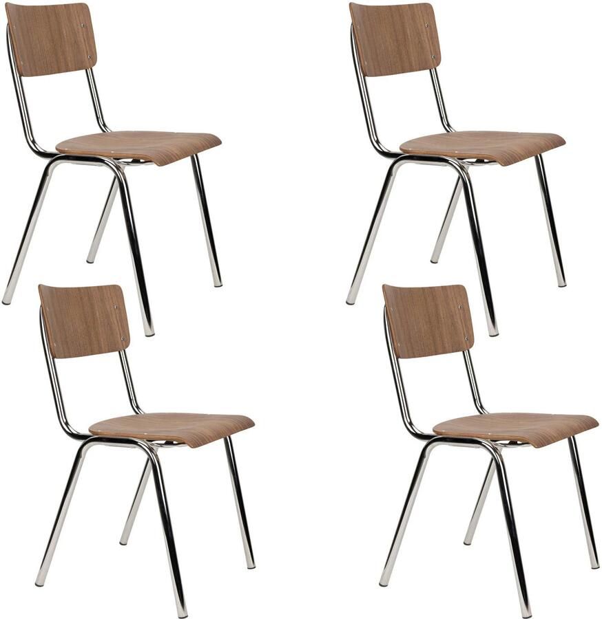 Zuiver Back to School Eetkamerstoelen Walnoot Chroom Set van 4