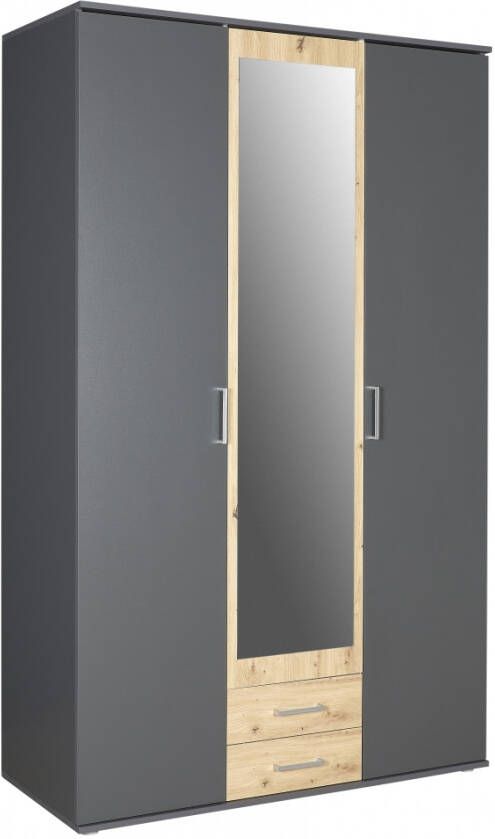 Woonexpress Kledingkast Beugen Grijs 120x196x54 cm (BxHxD) Draaideur Kast Compleet met planken en roede Met spiegel en lades Slaapkamer