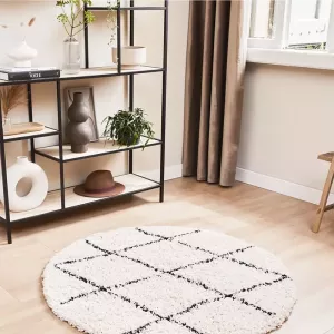 Lifa-Living Rond Vloerkleed Zwart Wit Grafische Vormen Minimalistisch Modern Hoogpolig Ø 160cm