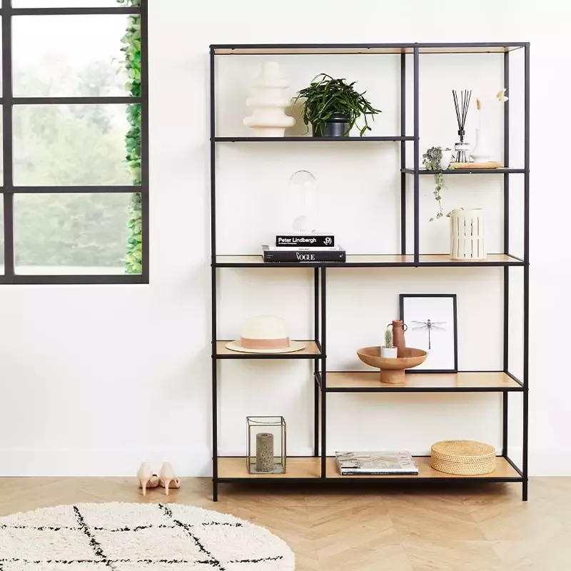 Lifa-Living Open Wandkast Opbergkast Boekenkast Industrieel Zwart Natuurlijk Hout & Metaal 125 x 33 2 x 175 cm