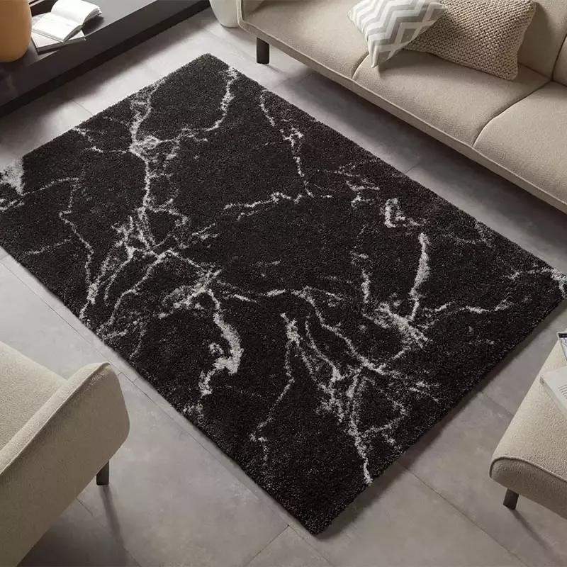 Tapeso Hoogpolig vloerkleed marble Mayrin zwart crème 120x170 cm - Foto 1